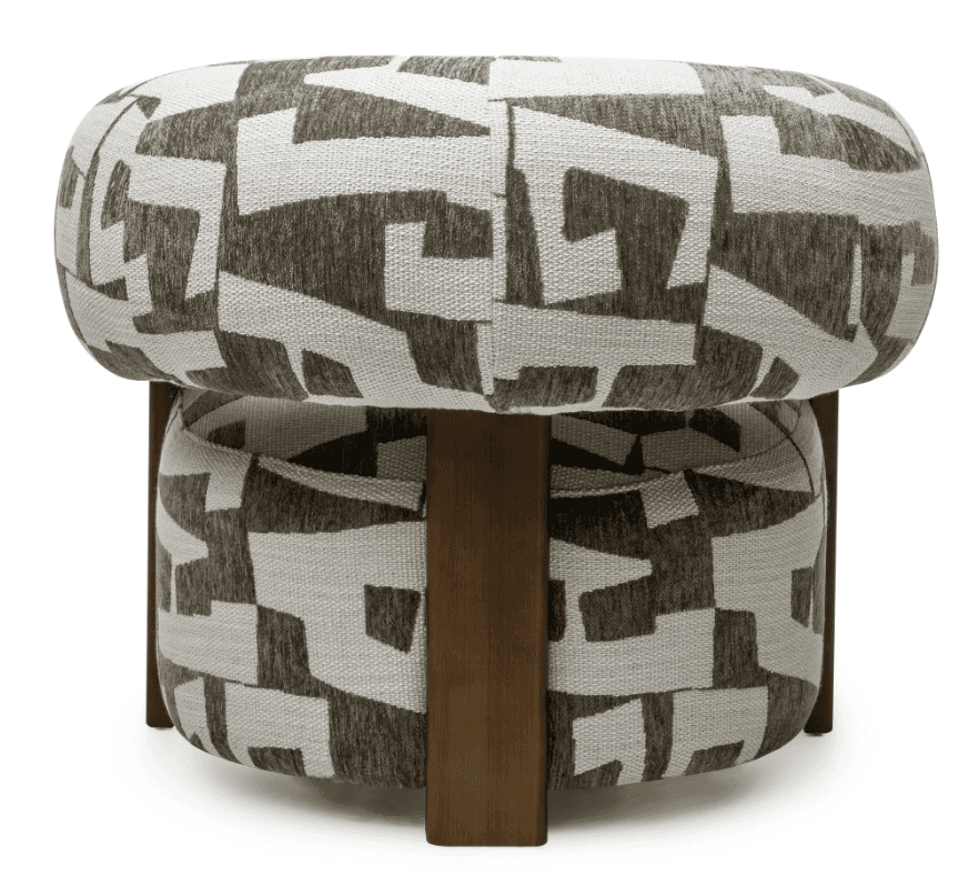 A contemporary barrel-shaped ottoman featuring a distinctive two-tiered upholstered design. The top… — 3D model