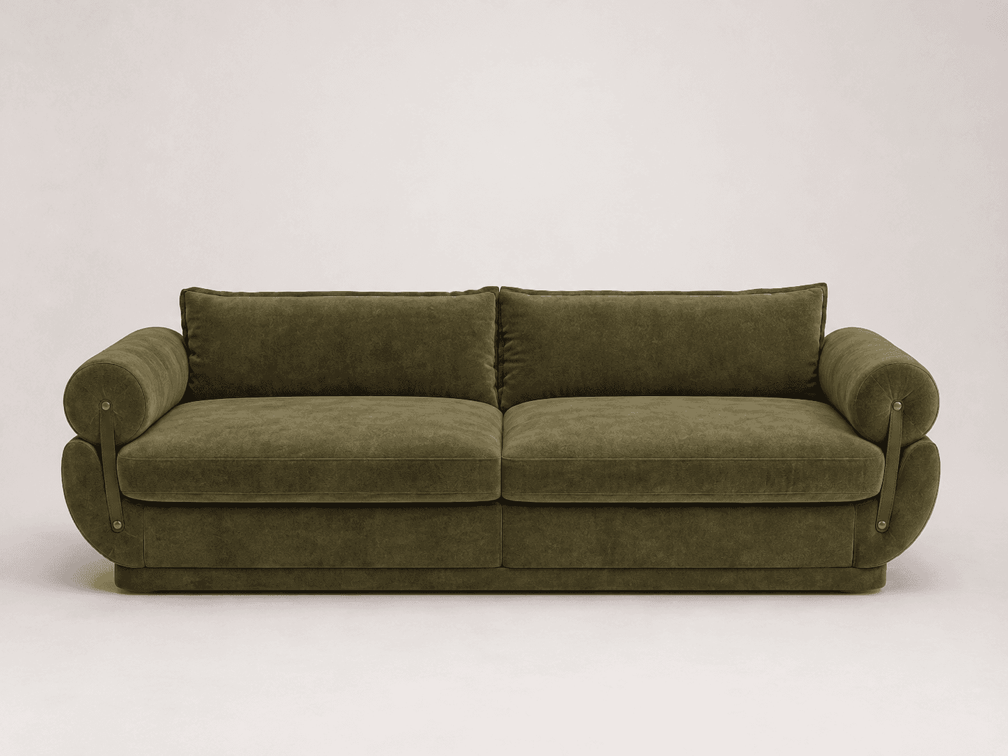 A contemporary two-seater sofa upholstered in a plush olive green velvet fabric. It features a low-p… — 3D model