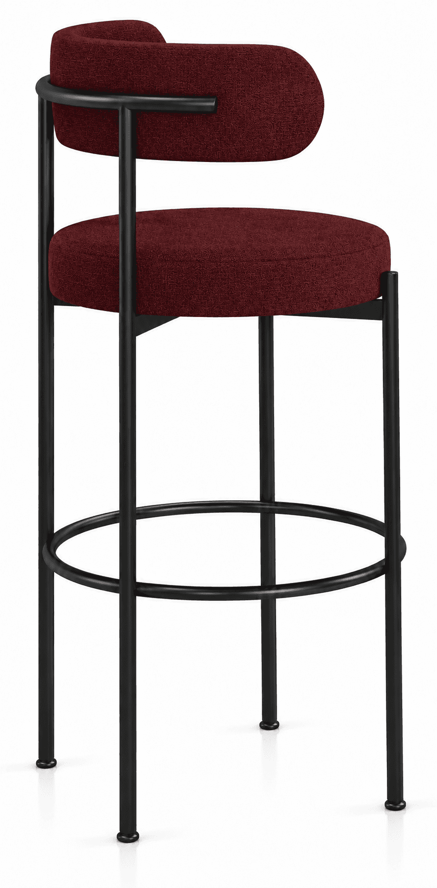 A contemporary bar stool featuring a black tubular metal frame, a circular upholstered seat, and a l… — 3D model