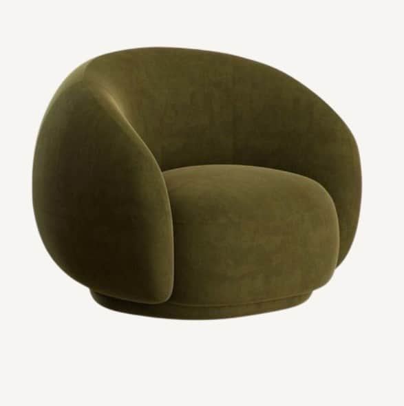 A modern, low-profile lounge chair upholstered in olive green velvet-like fabric. It features a roun… — 3D model