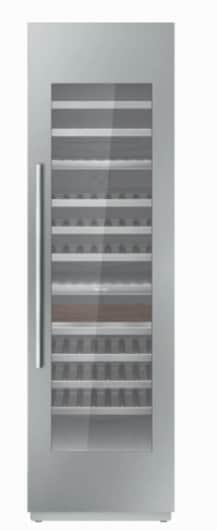 A tall, slender, built-in wine refrigerator featuring a stainless steel exterior frame and a full-he… — 3D model