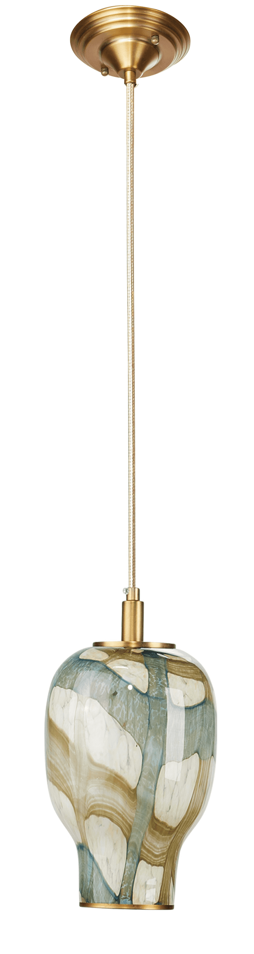 A single bell-shaped pendant light featuring a mottled art glass shade in shades of green, brown, an… — 3D model