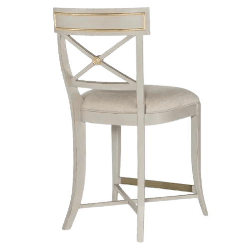 An elegant neoclassical-style counter stool featuring a light grey painted wooden frame with antique… — 3D model