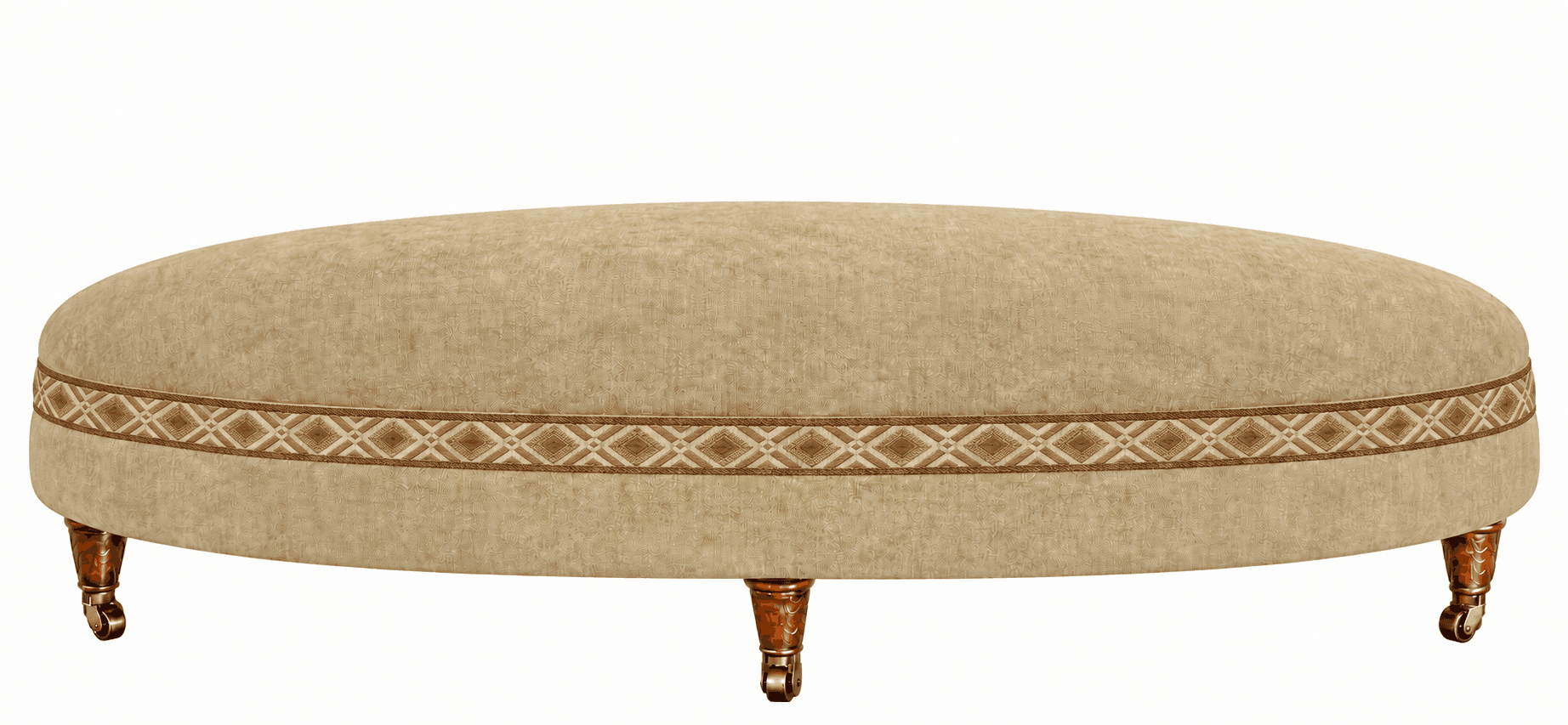 An oval-shaped, upholstered ottoman featuring a light beige fabric, a decorative geometric trim band… — 3D model