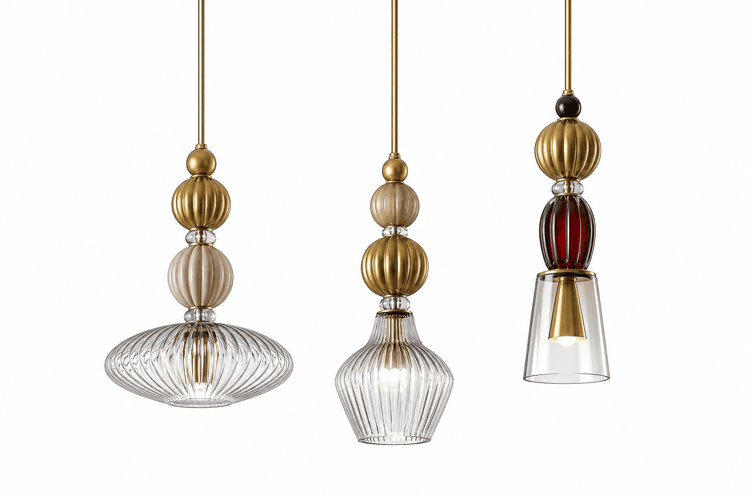 A set of three decorative pendant lights, each featuring a vertical arrangement of globular and ribb… — free OBJ 3D model