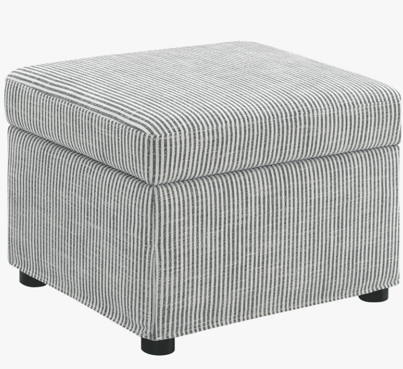 A square upholstered ottoman with a hinged lid, covered in a striped fabric. The ottoman features a… — 3D model