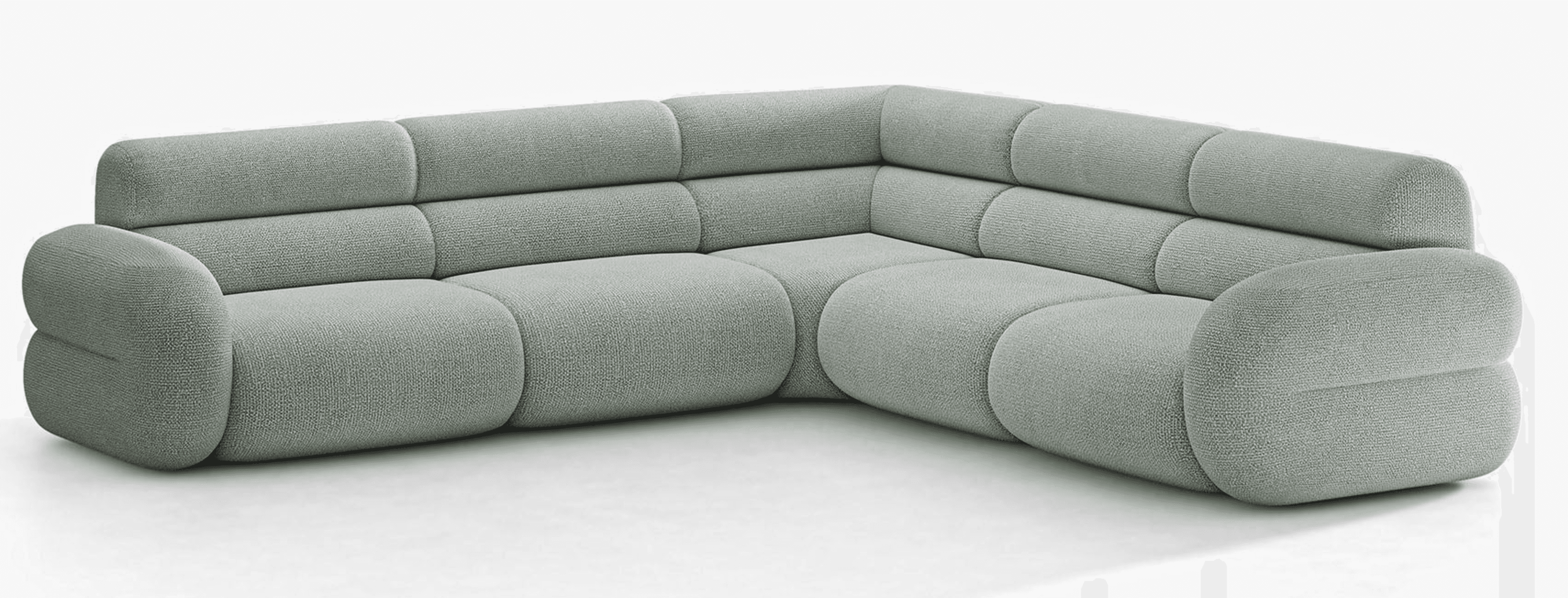An L-shaped modern modular sectional sofa upholstered in a light green, textured fabric, featuring s… — 3D model