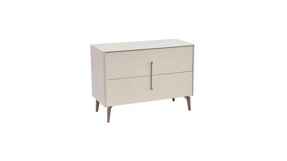 A light beige, two-drawer nightstand featuring a minimalist design with a single vertical rose gold-… — 3D model