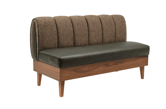 A two-seater banquette bench featuring a channel-tufted brown fabric backrest, a dark green leathere… — 3D model