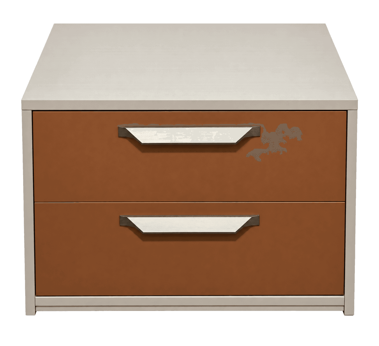 A modern two-drawer nightstand featuring a light-colored top surface and frame, paired with rich bro… — 3D model
