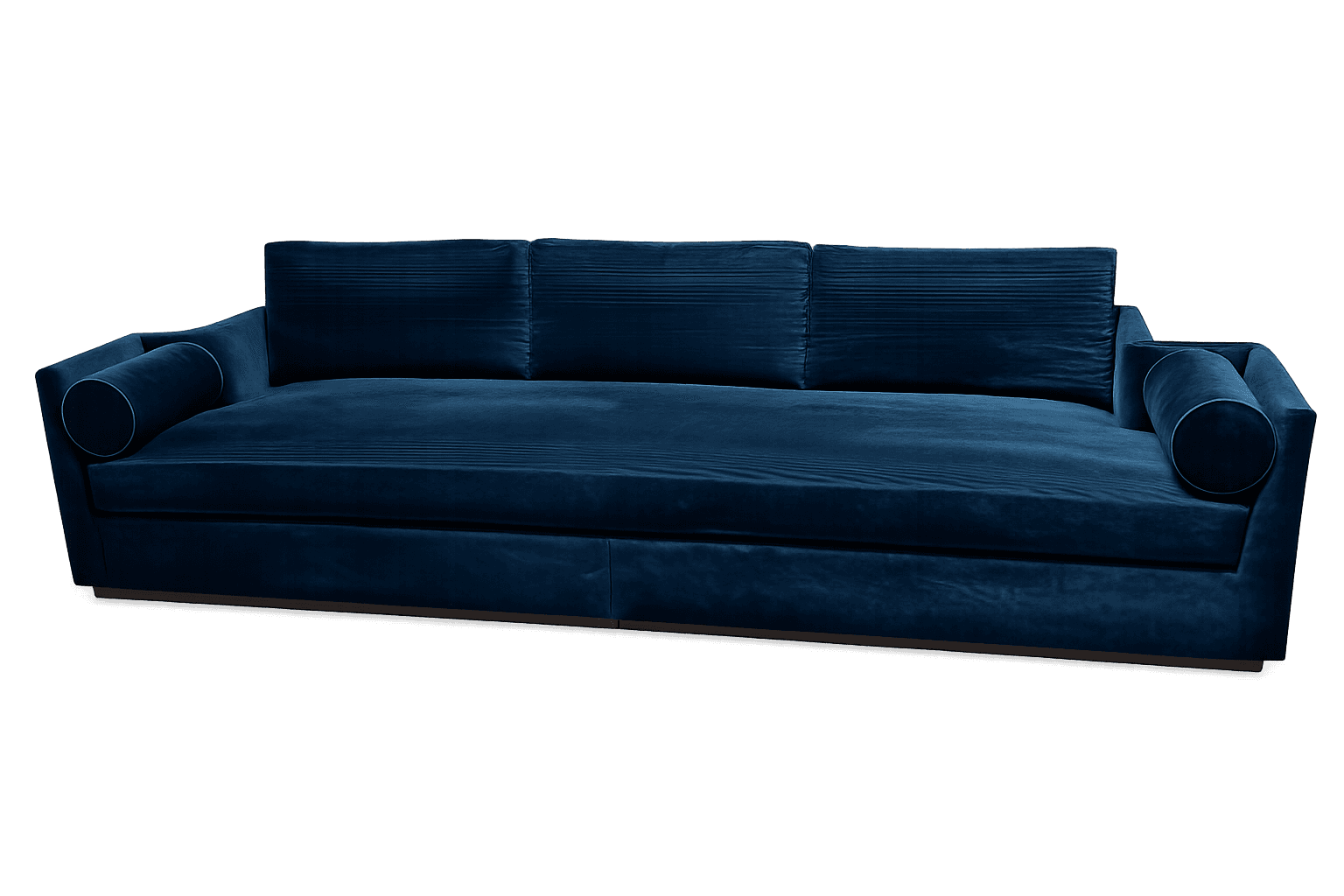 A contemporary sofa upholstered in deep blue velvet fabric. It features three back cushions with hor… — free OBJ 3D model