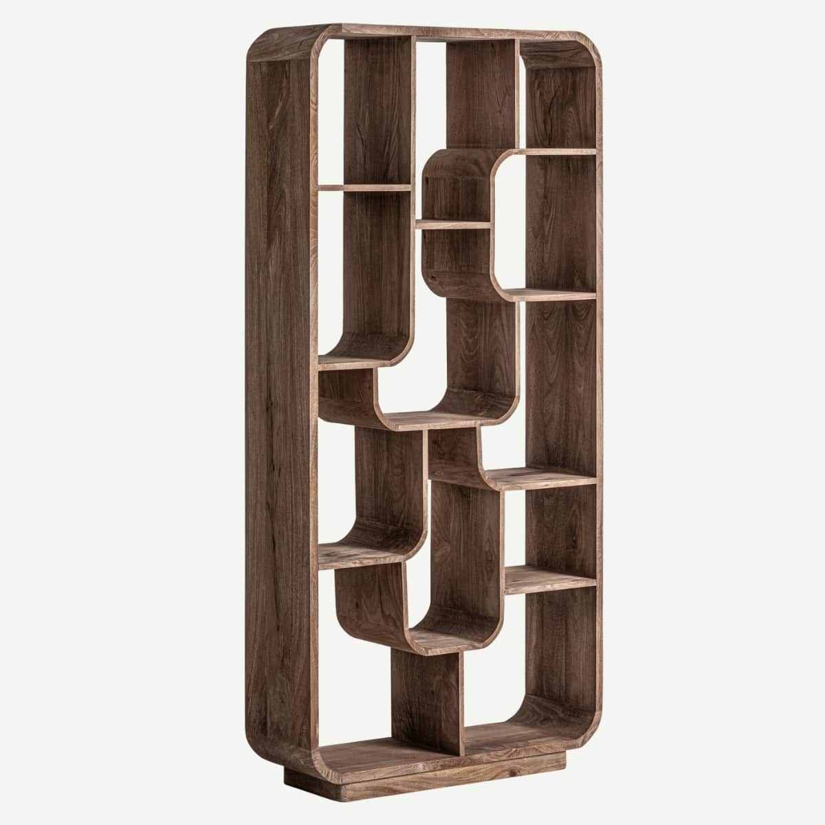 A tall, modern bookshelf constructed from wood, featuring a distinctive organic design with smooth,… — 3D model