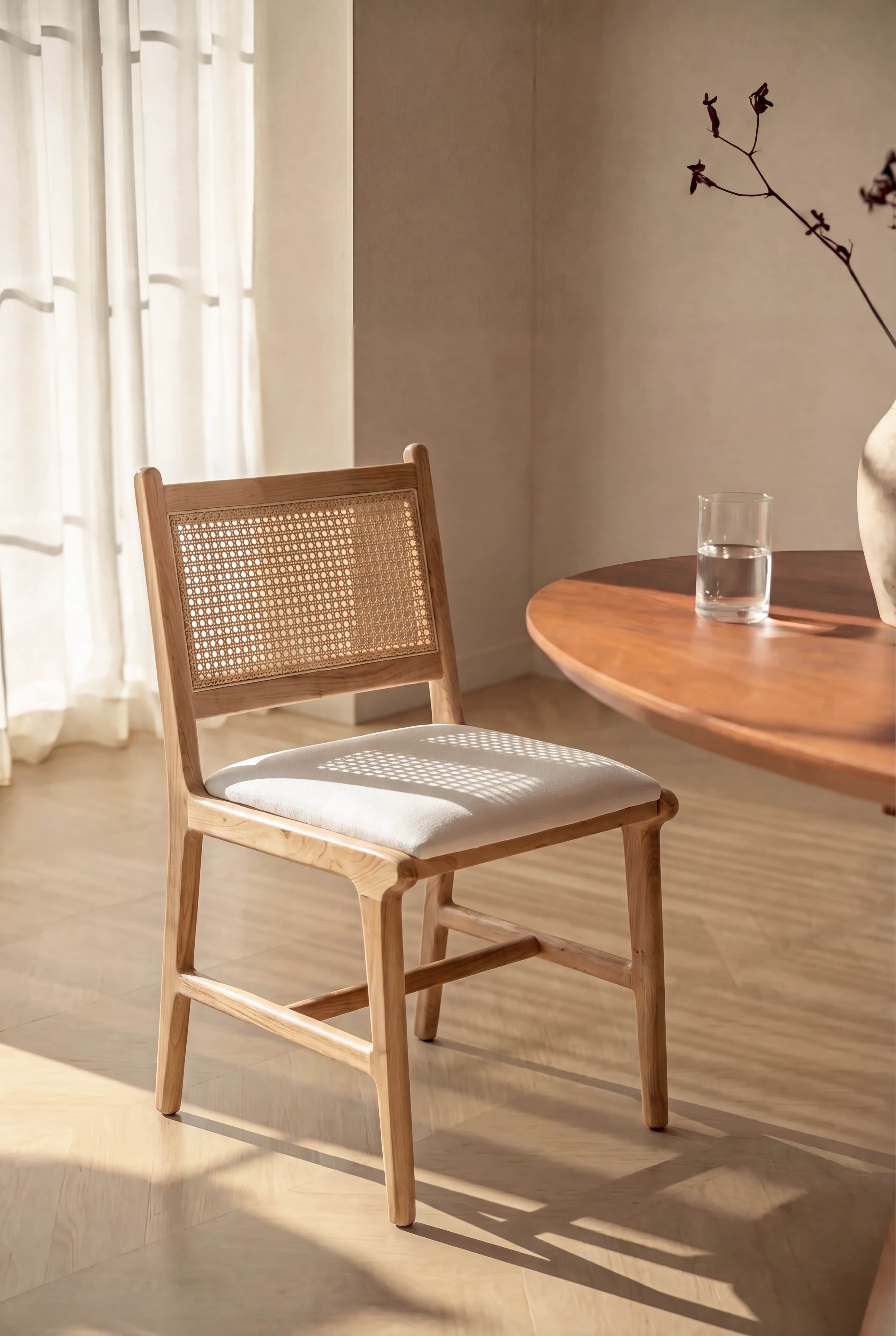 A light-toned solid wood dining chair featuring a woven cane backrest and a thick, cream-colored uph… — 3D model