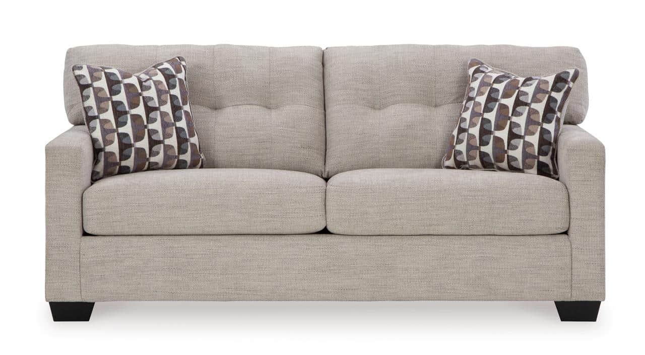A contemporary upholstered sofa featuring a light beige or greige fabric, block arms, and tapered bl… — free GLTF 3D model