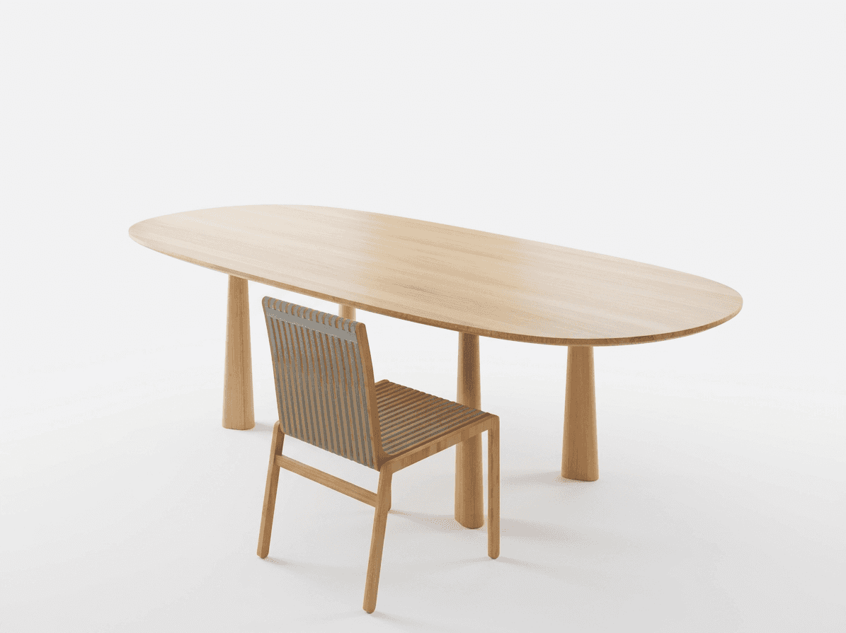 A minimalist dining table with a light wood oval top supported by four thick, rounded wooden legs. T… — 3D model