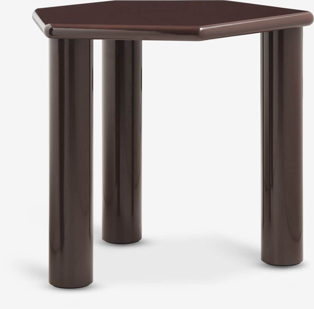 A small, dark brown pentagonal table featuring three robust cylindrical legs and a high-gloss finish… — 3D model