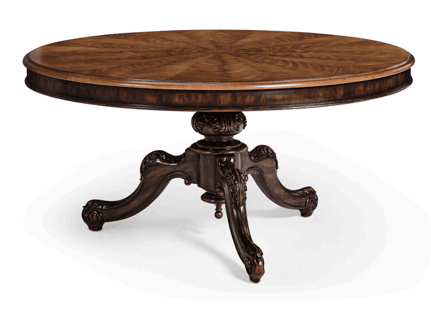 A round dining table with a pedestal base. The tabletop features a starburst pattern created by wood… — 3D model