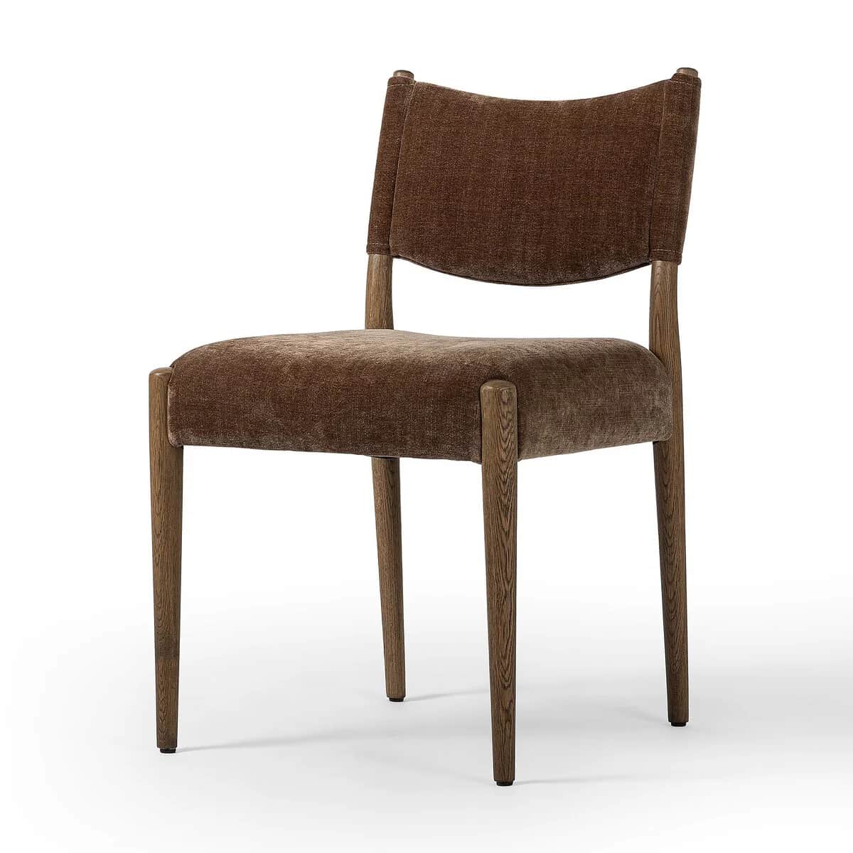 A contemporary upholstered dining chair with a solid wood frame and brown velvet-like fabric. — 3D model