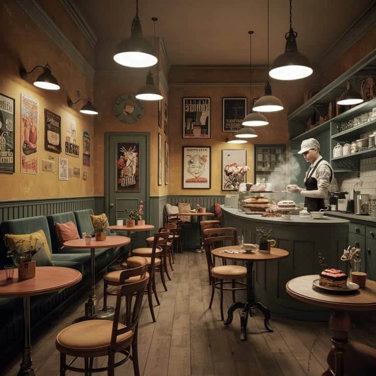 This image features a vintage-style cafe service counter with integrated upper shelving and display… — 3D model