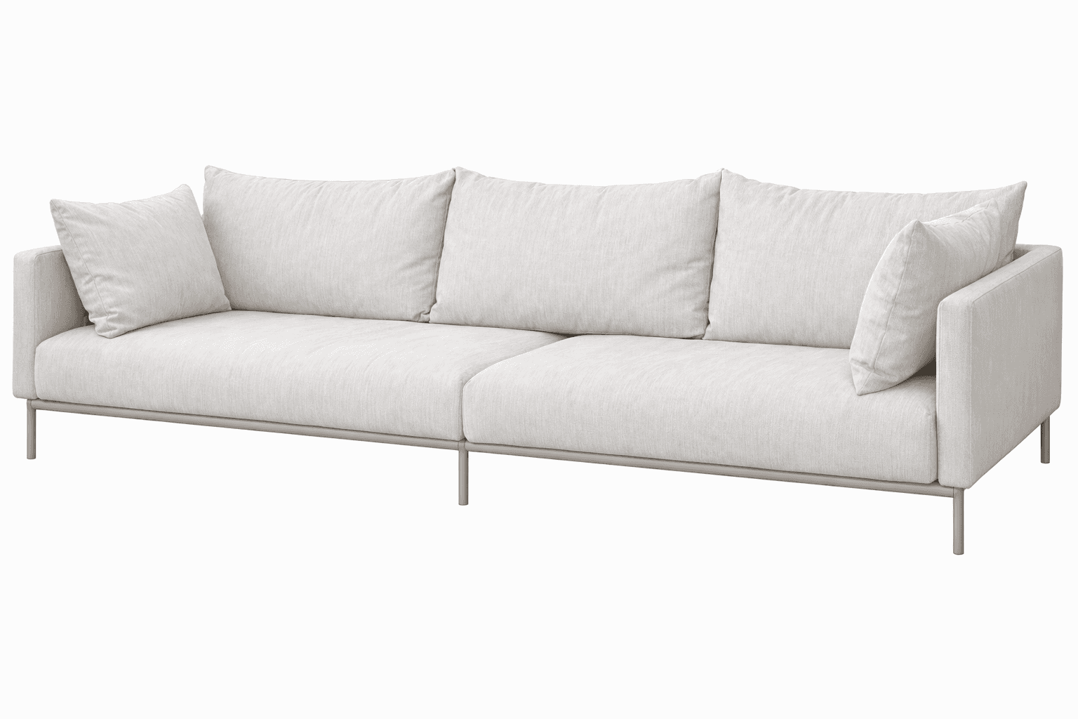 A modern, three-cushion sofa with a light-colored, textured fabric upholstery. It features a low pro… — 3D model