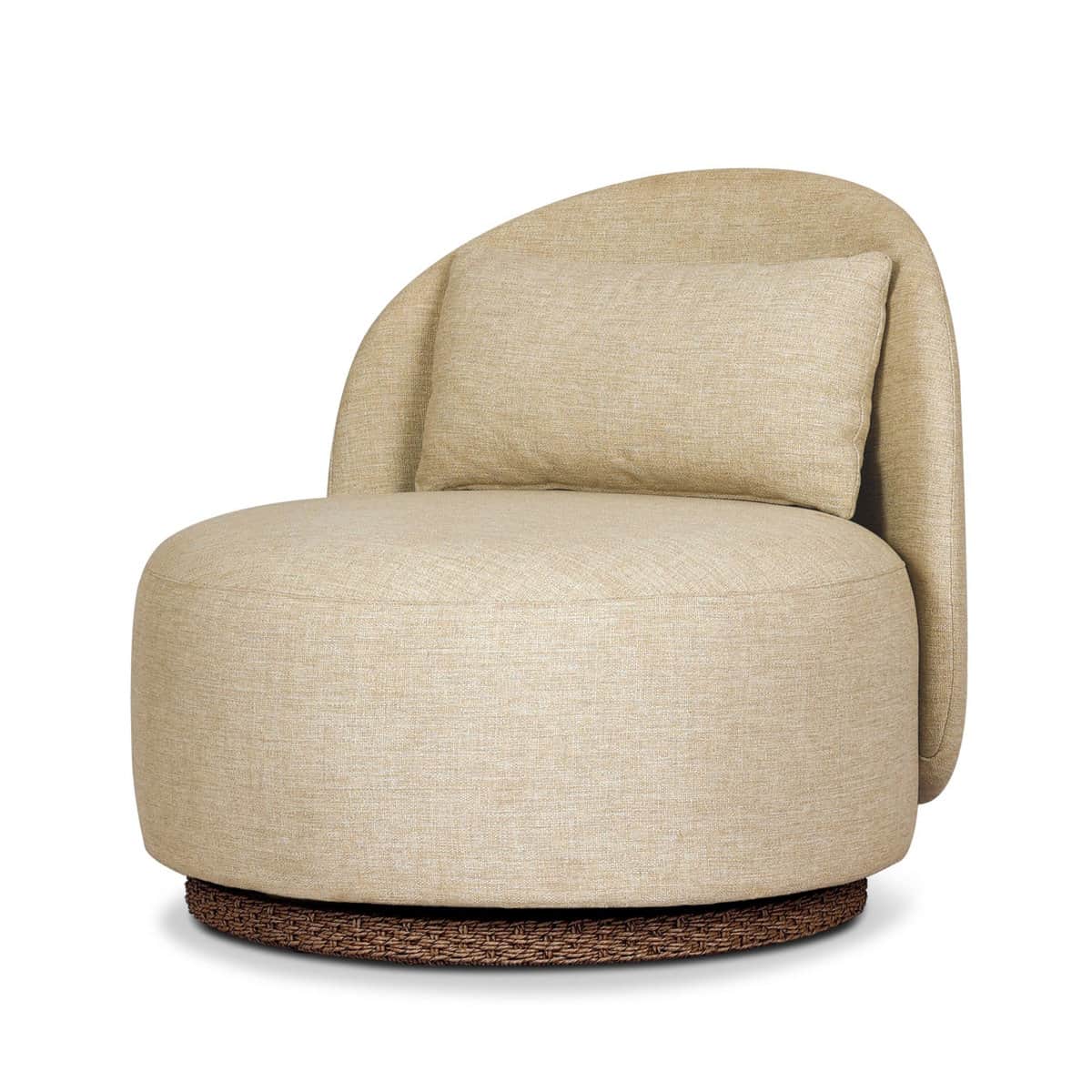 An upholstered lounge chair featuring a contemporary rounded form, covered in a light beige textured… — 3D model