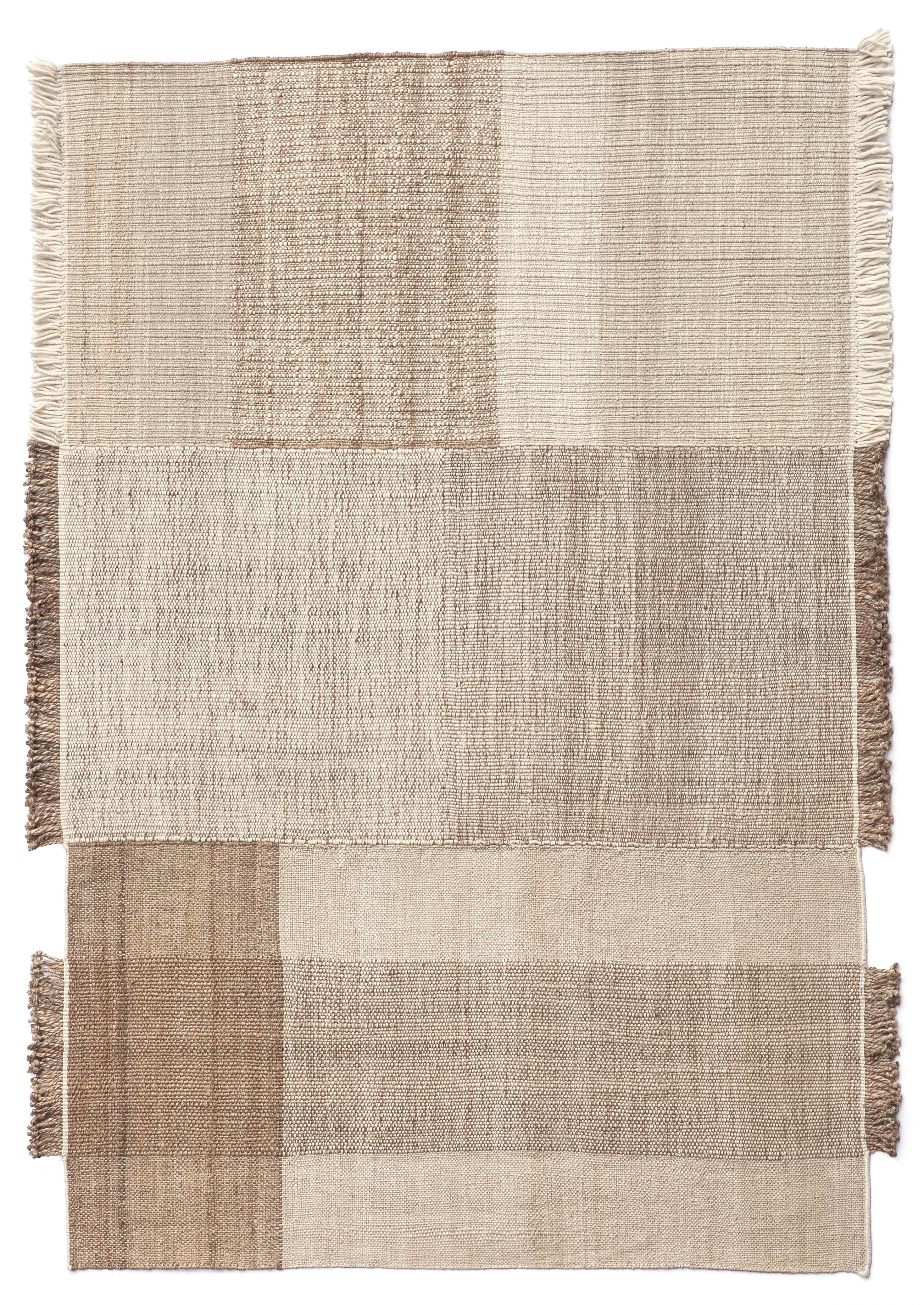 A rectangular flat-woven area rug featuring a striped pattern in various shades of beige, tan, and b… — 3D model