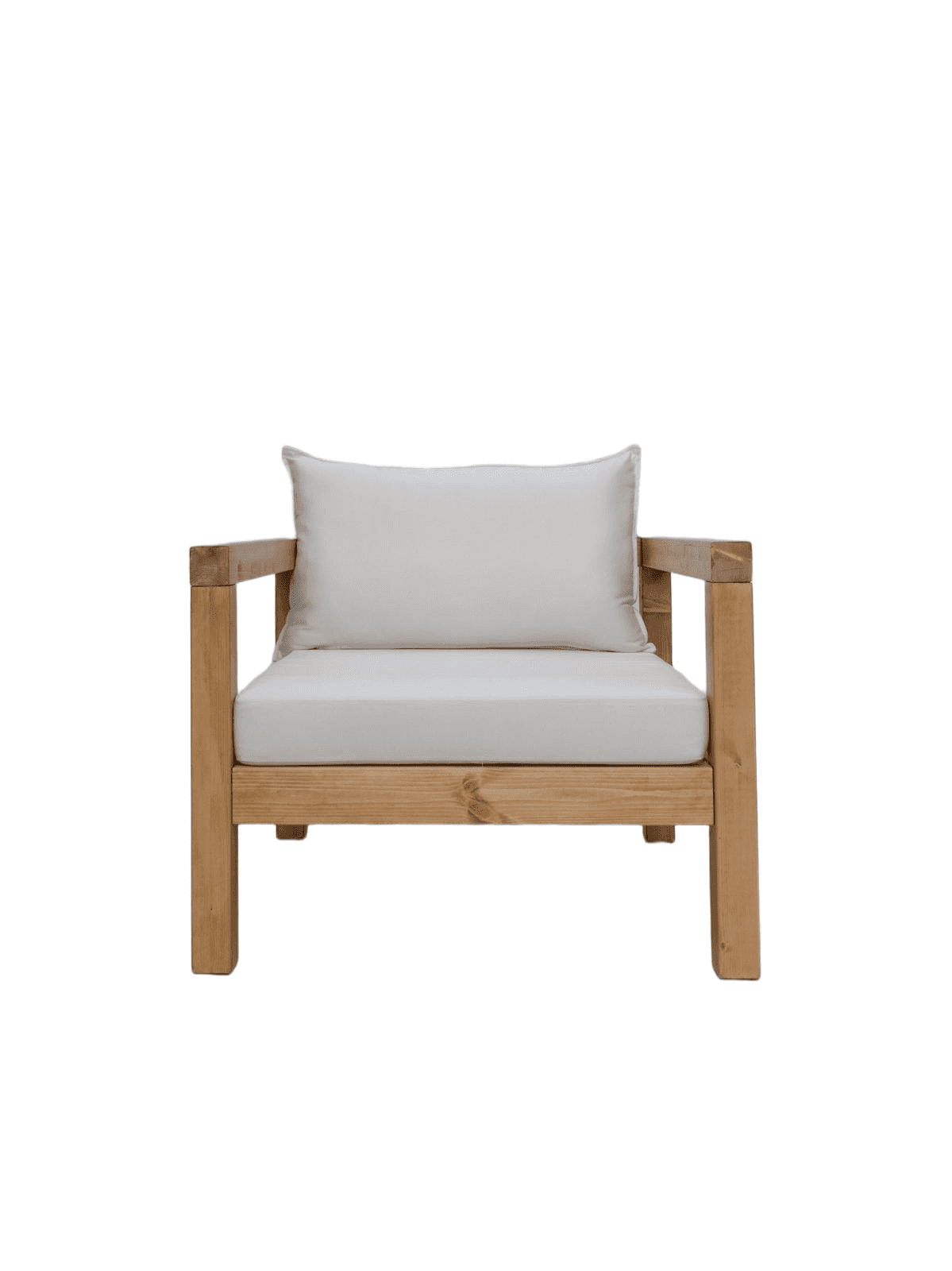 A wooden armchair with white cushions. The frame is constructed from thick, natural-toned wooden bea… — free GLTF 3D model