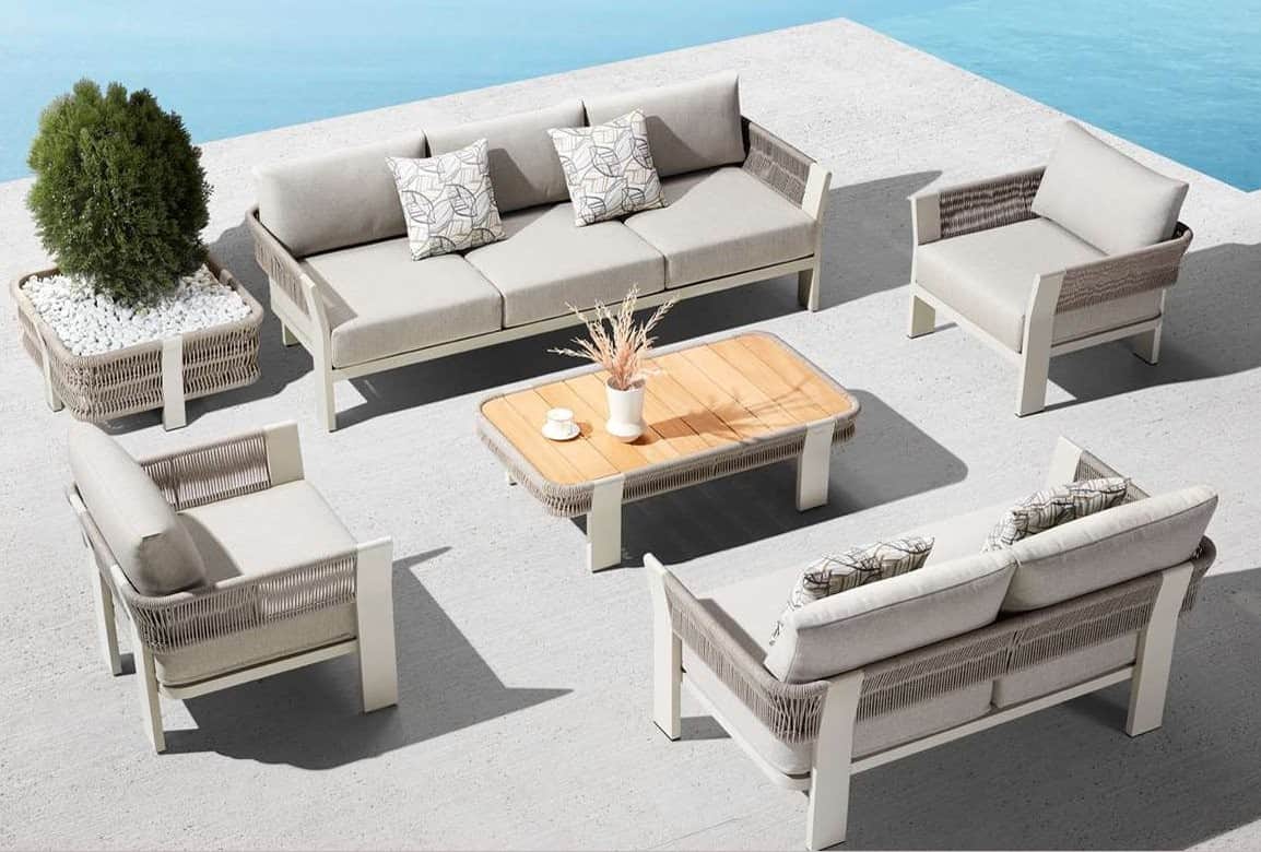 A modern three-seater outdoor sofa featuring a light-colored aluminum frame, light gray seat and bac… — free SKP 3D model