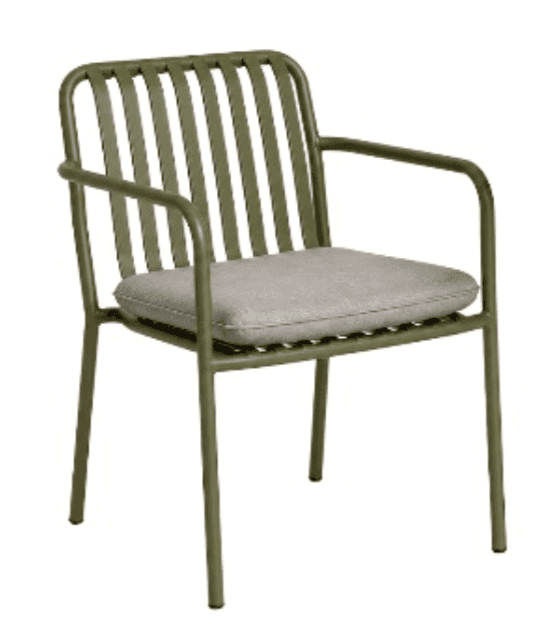 A modern outdoor armchair with a slatted olive green powder-coated metal frame and a removable light… — 3D model