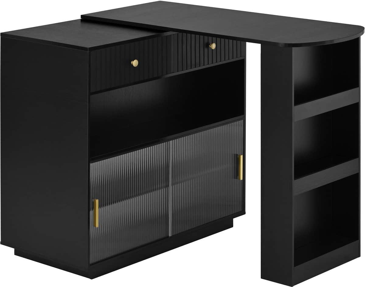 A black cabinet with a ribbed drawer front, ribbed glass cabinet doors, and an attached extended sur… — 3D model
