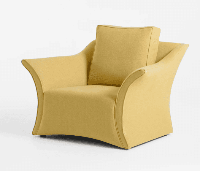 A contemporary lounge chair fully upholstered in a textured yellow fabric, featuring a curvilinear,… — free OBJ 3D model