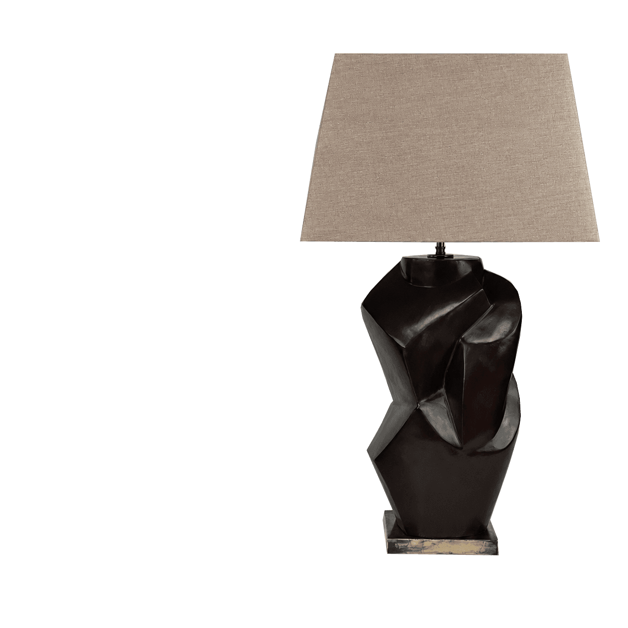 A contemporary table lamp featuring a dark, geometric, sculptural base composed of multiple angled f… — 3D model