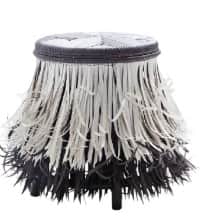 A round stool with a woven top and a decorative skirt made of alternating black and white fringe. Th… — free OBJ 3D model