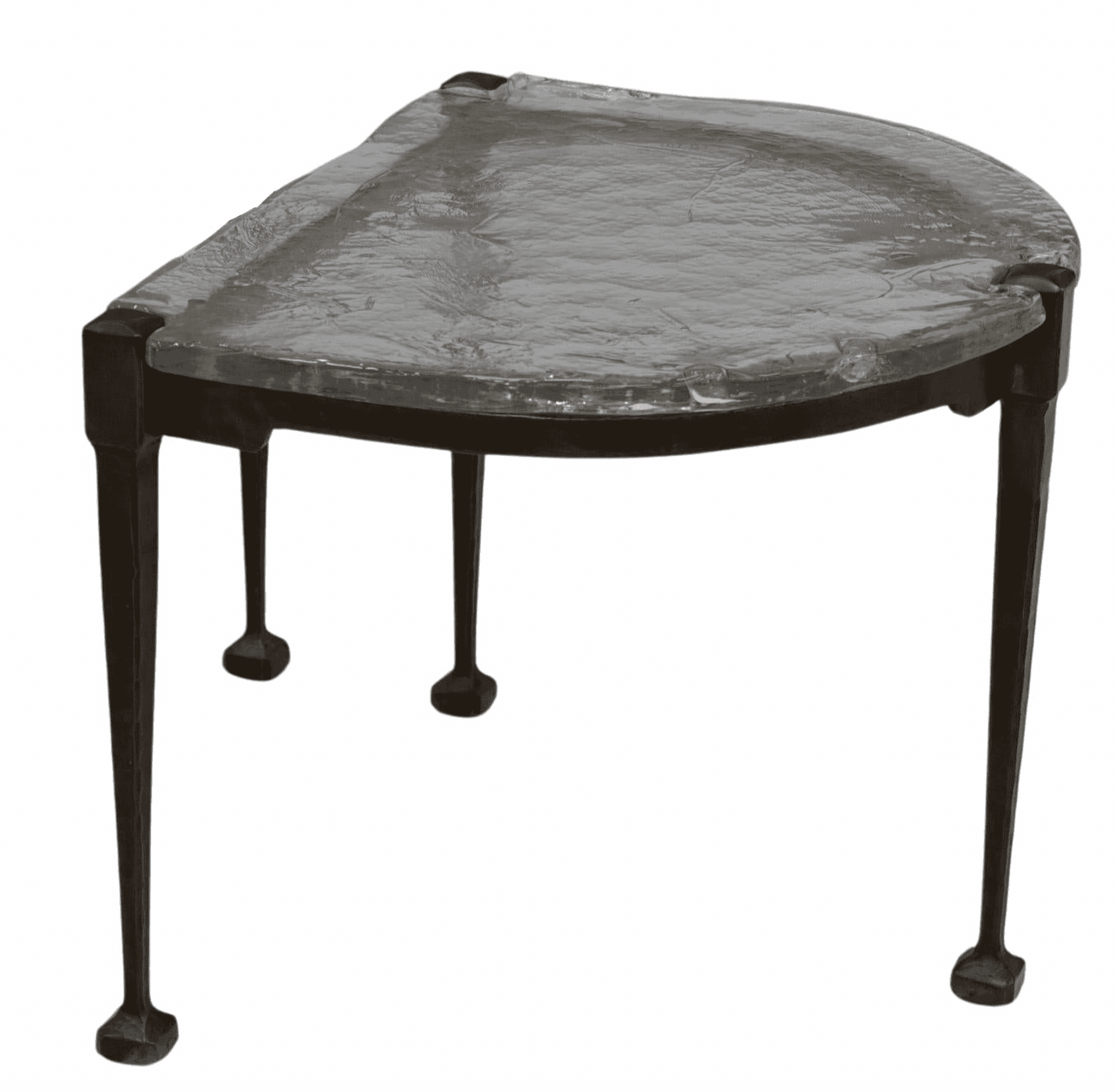 A unique end table with a semi-circular, textured glass top and a dark metal base. The glass top has… — 3D model