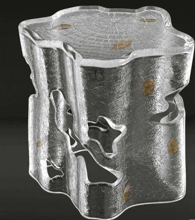 A sculptural accent table or stool crafted from clear, textured resin, designed to resemble a block… — 3D model