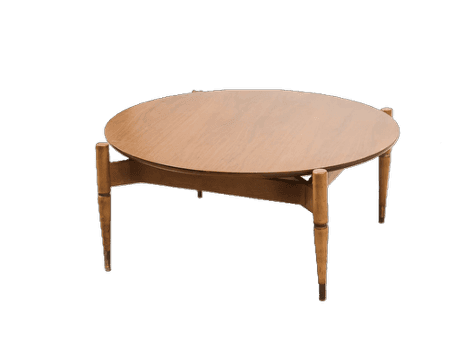A round coffee table with a light brown wooden top and four tapered legs. The legs have a decorative… — free FBX 3D model