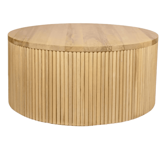 A cylindrical coffee table with a slatted wooden exterior and a solid wooden top. The exterior is co… — 3D model