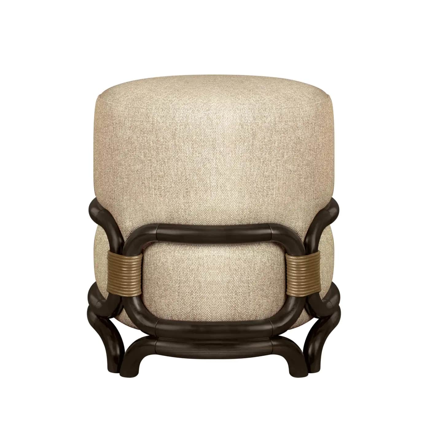 A cylindrical ottoman featuring a light-colored, textured fabric upholstery. The base is constructed… — 3D model
