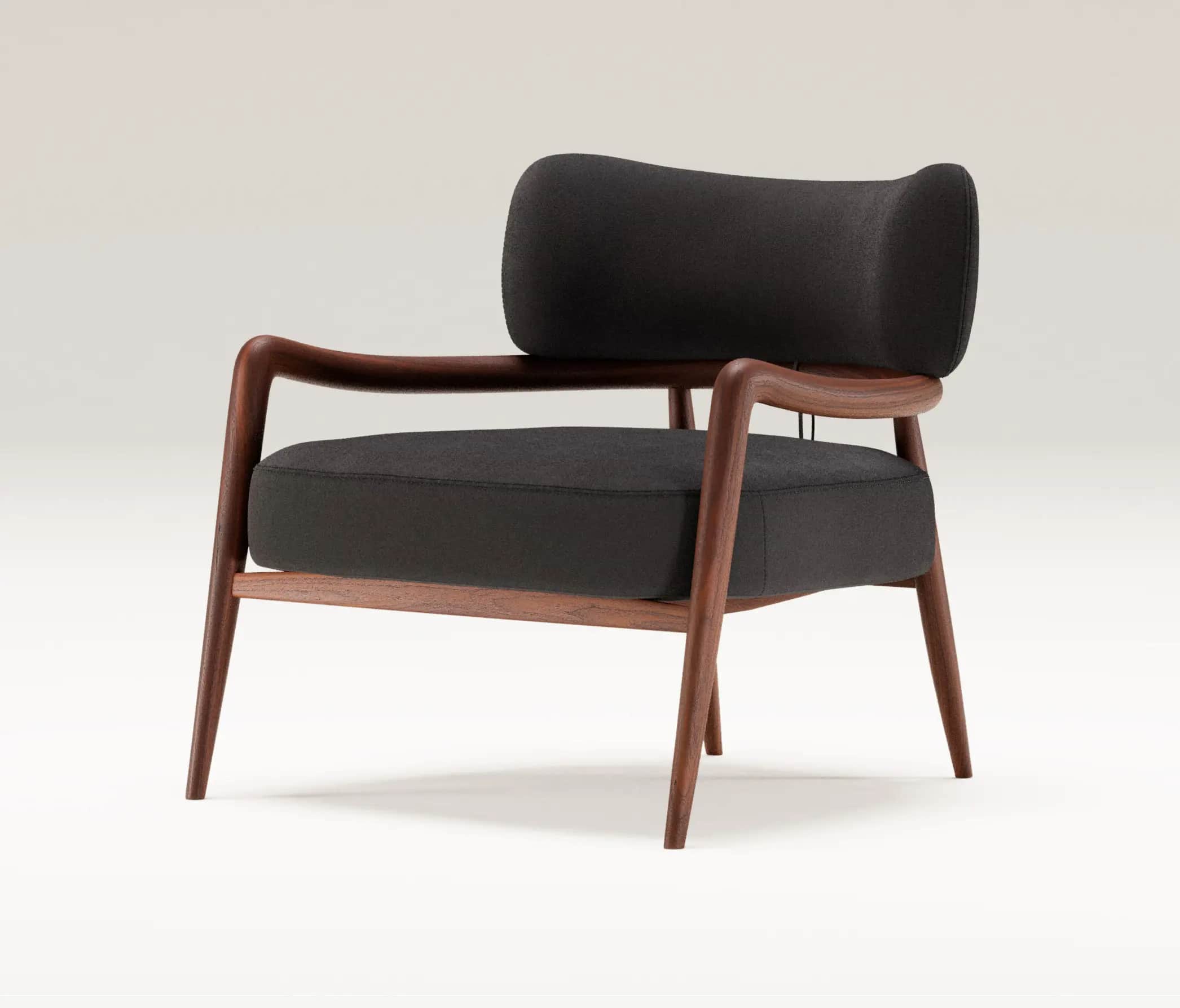 A modern upholstered armchair featuring a solid dark wood frame and dark grey fabric cushions. The f… — 3D model