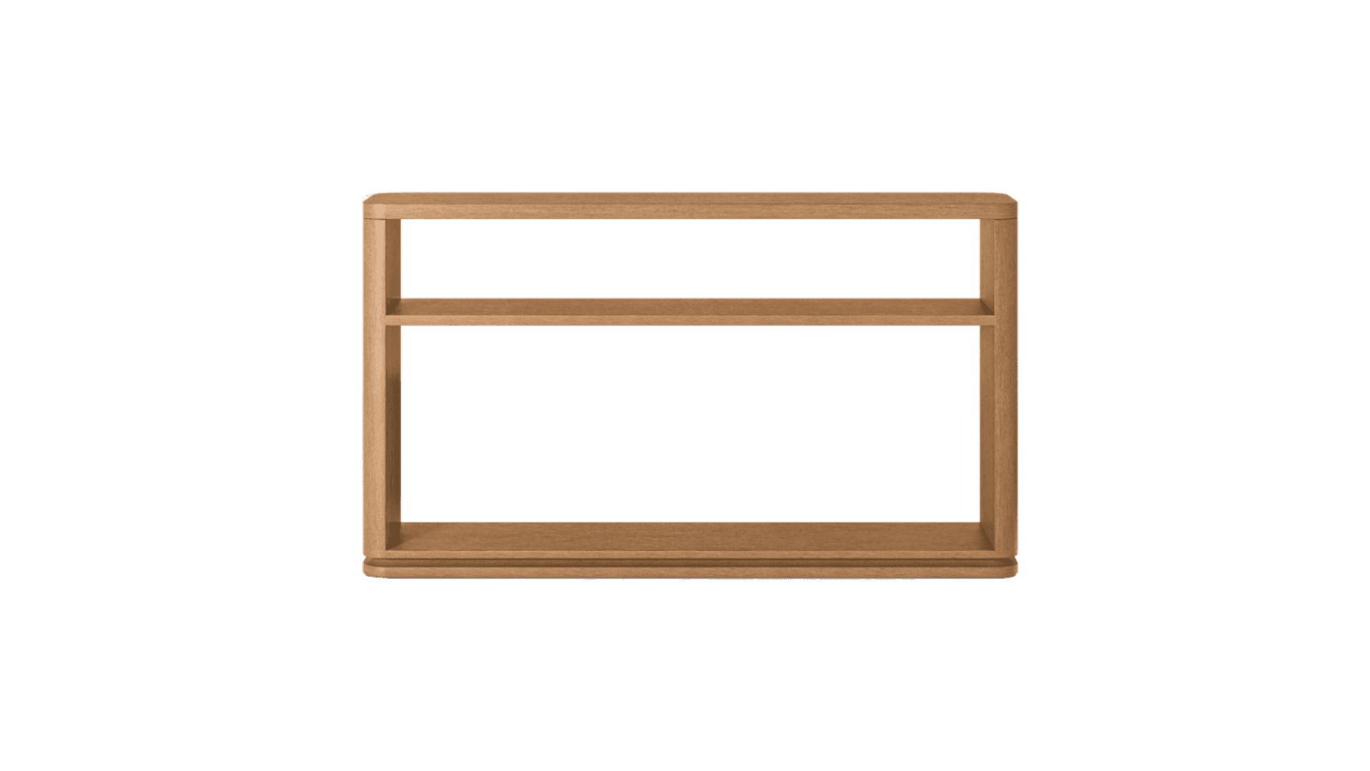 A wooden shelf unit with a minimalist design, featuring two horizontal shelves supported by vertical… — 3D model