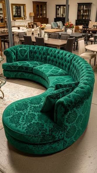 A luxurious, emerald green velvet sofa featuring a distinctive curved form and deep button tufting a… — 3D model