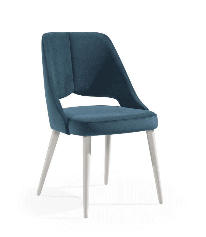A contemporary dining chair featuring a fully upholstered seat and back in a dark teal fabric, suppo… — 3D model