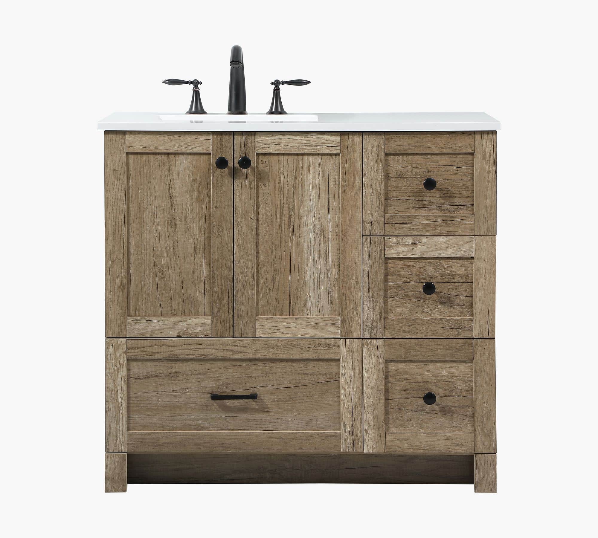 A light oak finish bathroom vanity featuring an integrated white countertop and sink, accompanied by… — 3D model