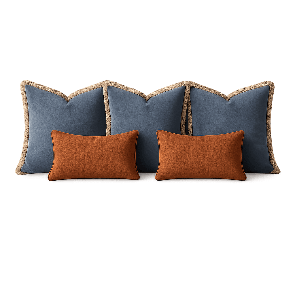 A set of four decorative pillows. Two larger pillows are a deep blue color with a textured weave and… — free OBJ 3D model