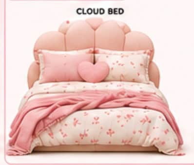 A contemporary platform bed featuring a distinctive scalloped headboard and fully upholstered frame… — free GLB 3D model
