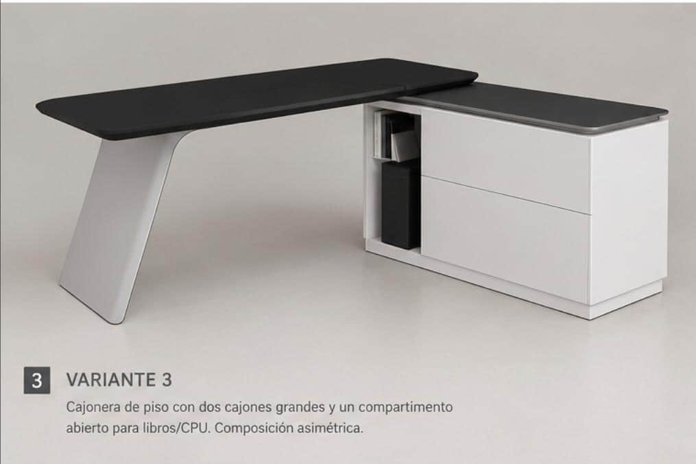 A modern L-shaped executive desk featuring a black desktop and a white integrated storage credenza,… — 3D model