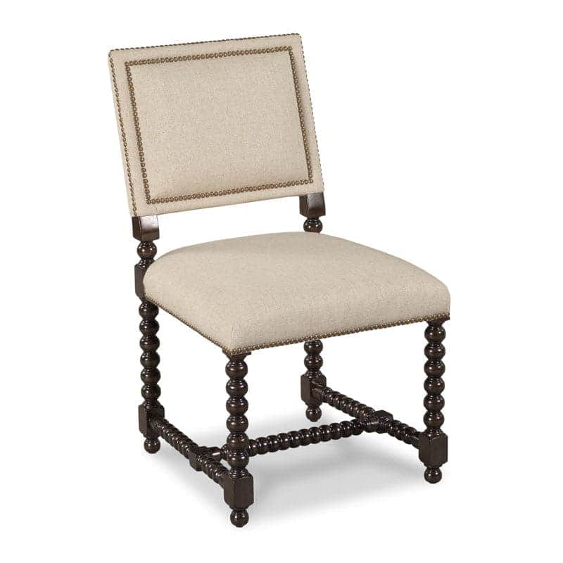 An armless side chair with a dark bobbin-turned wooden frame and light beige upholstered seat and ba… — 3D model