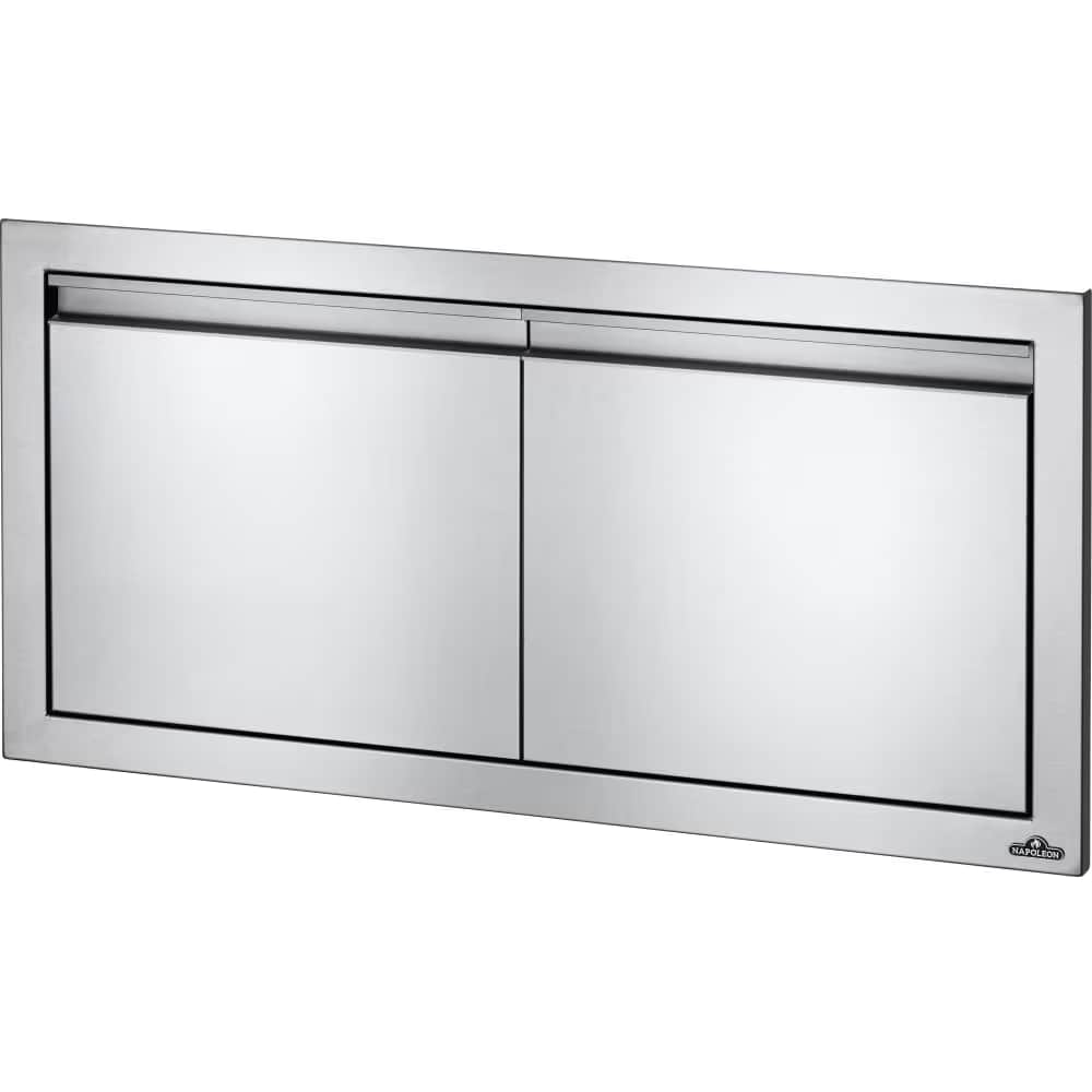 A polished stainless steel built-in outdoor kitchen storage cabinet featuring two horizontal hinged… — 3D model
