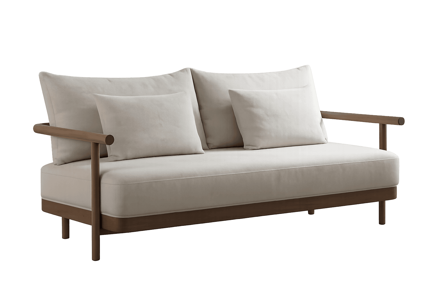 A contemporary two-seater loveseat characterized by its minimalist design, featuring a light-colored… — 3D model