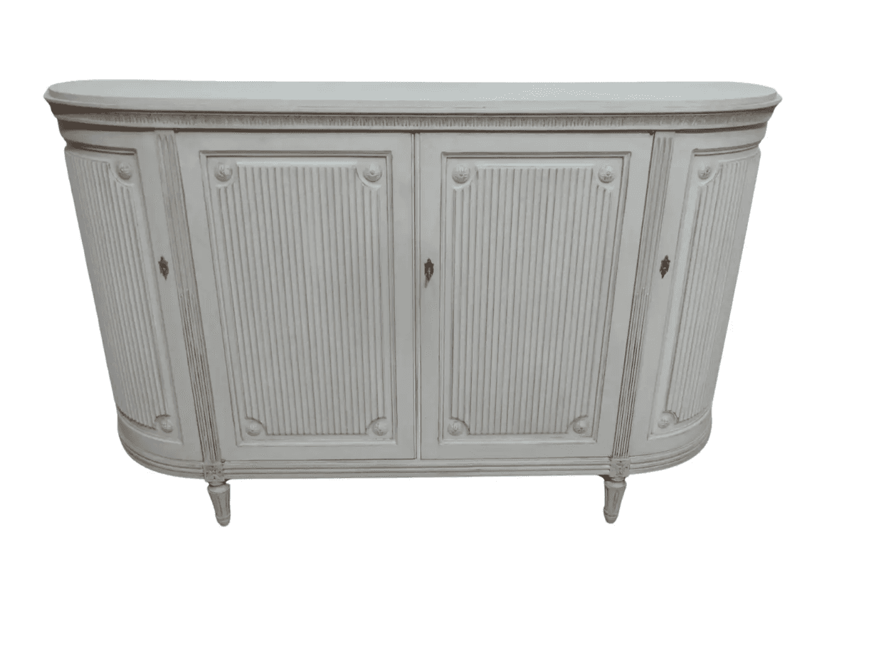 A distressed light grey or off-white demilune cabinet featuring Neoclassical design elements such as… — 3D model